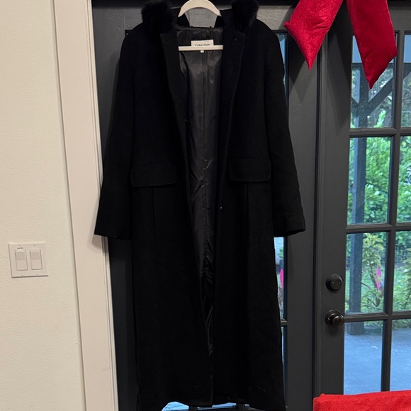 Calvin Klein Black Wool Coat - fox Fur trim hood size 12 / L (best for Tall) - Picture 6 of 12